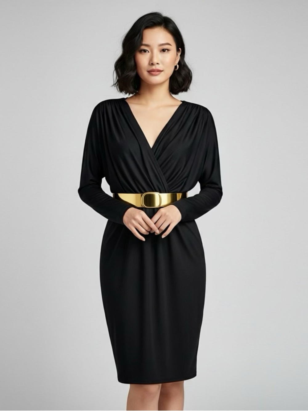 Young by Yoyo Yeung Black Wrap-Front Long Sleeve Dress